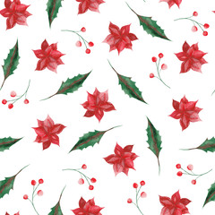  Watercolor pattern with Christmas leaves and flowers.