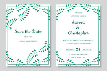 Elegant wedding invitations set with green floral motives and light gray background. Modern invitation collection with save the date card vector templates.