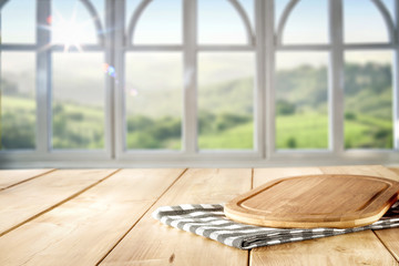 Fototapeta na wymiar Wooden table background in the window sunshine in the summer