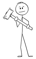 Vector cartoon stick figure drawing conceptual illustration of man or construction worker holding big hammer or sledgehammer.