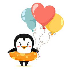 Cute penguin with a swimming ring and balloons. Vector illustration in cartoon style. Great for children's print, decor and web design.