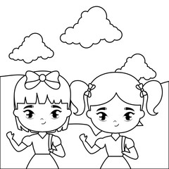 cute little student girls in landscape scene