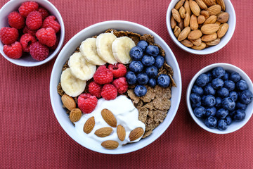 Health Breakfast Bowl of Cereals and Nuts With Yogurt