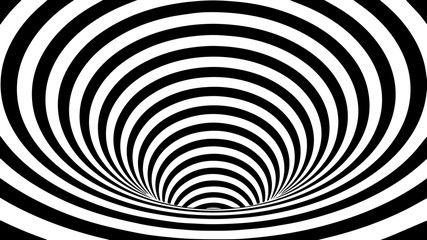 Tunnel or wormhole. Movement lines illusion. Abstract wave whith black and white curve lines. Vector optical illusion.
