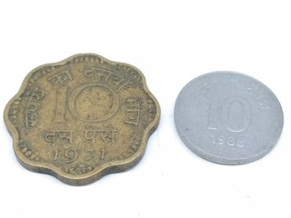 A picture of ten paise coins isolated on a white background
