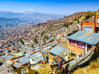 Slum houses built in steep of La Paz, Bolivia