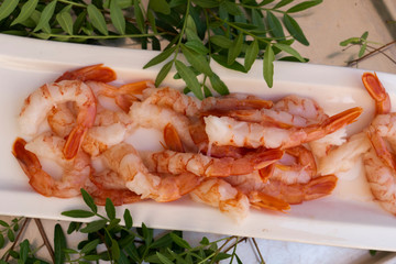 Top view of  shrimps and basil