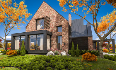 Fototapeta na wymiar 3d rendering of modern cozy clinker house on the ponds with garage and pool for sale or rent with beautiful landscaping on background. Clear sunny autumn day with golden leafs anywhere.