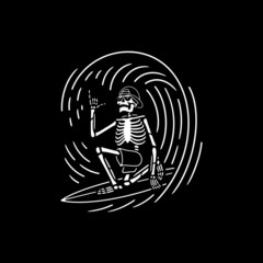 SKELETON SURFER ON THE WAVE WHITE BLACK BACKGROUND