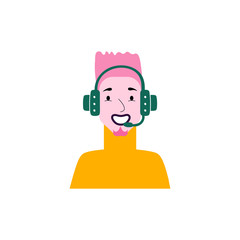 Сute avatar of speaker with headphones on white background. Icon of simple character with happy smile. Stylish man.