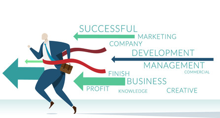 businessman running to finish line with keyword of success business components. business with success management concept