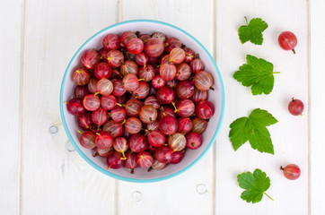 Bowl with red ripe gooseberries on wooden background