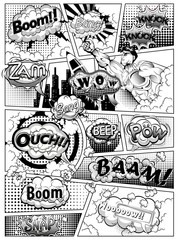 Black and white comic book page divided by lines with speech bubbles, rocket, superhero and sounds effect. Vector illustration © yayasya