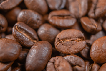 Coffee beans close up. Coffee production industry concept
