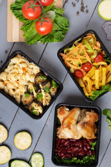 grilled chicken, boiled bean and pasta. Vertical photo of food photo