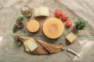 Large assortment of round cheese. Beautifuly decored cheese ideal for commercial use and labeling. Top view