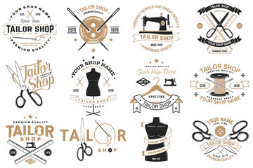 Tailor shop badge. Vector. Concept for shirt, print, stamp label or tee. Vintage typography design with sewing needle and scissors silhouette. Retro design for sewing shop business