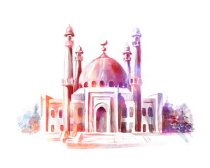 Naklejka premium Hand drawn watercolor sketch of Mosque. Greeting card or banner for Muslim holiday.