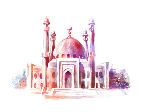 Hand drawn watercolor sketch of Mosque. Greeting card or banner for Muslim holiday.