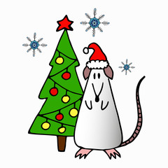  illustration of a white rat in a christmas hat with snowballs and a christmas tree on a white background