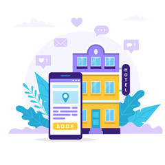 Book a hotel, concept illustration with a smartphone with booking and a hotel building. Vector illustration in flat style - obrazy, fototapety, plakaty