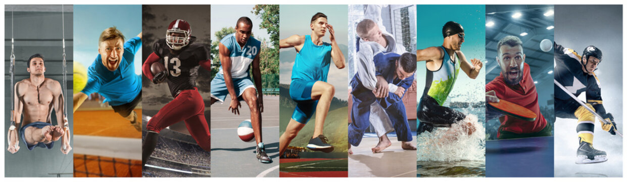 Creative collage made of photos of 10 models. Tennis, running, badminton, triathlon, basketball, hockey, american football, rugby players in action. Concept of sport, motion, healthy lifestyle.