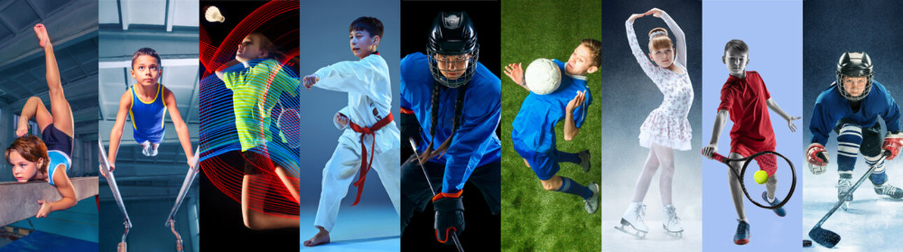 Creative collage made of photos of 9 caucasian models. Childrens in sport and healthy lifestyle. Hockey, gymnastick, badminton, football, soccer, tennis, figure skating, athletics, taekwondo.