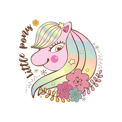 Happy little pink pony with stars smiling. Vector children's illustration. Beautiful print, sticker, sticker. Stylized flowers and lettering.