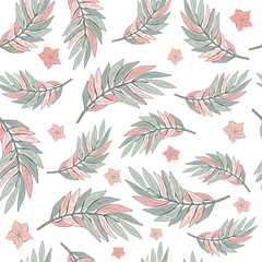 Tropical seamless background with leaves and flowers. Summer vector ornament. Retro-style.