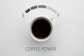 Coffee advertisement poster. Cup of coffee top view.