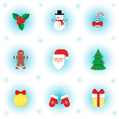 Vector icon set of Christmas tree, Santa Claus, Star, Candy cane, mittens, Snowman in flat style on winter background. Festive Xmas elements for design, posters. Christmas decoration.