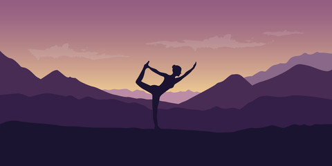 Fototapeta premium woman makes yoga pose at beautiful purple mountain nature landscape vector illustration EPS10