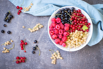 Fresh organic homegrown seasonal fruits such as raspberry, redcurrant, blackcurrant and whitecurrant