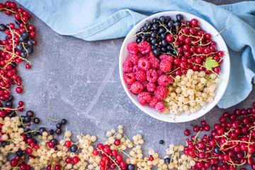 Fresh organic homegrown seasonal fruits such as raspberry, redcurrant, blackcurrant and whitecurrant