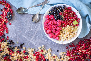 Fresh organic homegrown seasonal fruits such as raspberry, redcurrant, blackcurrant and whitecurrant