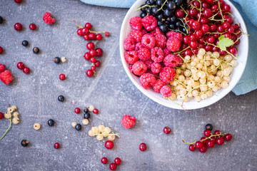Fresh organic homegrown seasonal fruits such as raspberry, redcurrant, blackcurrant and whitecurrant