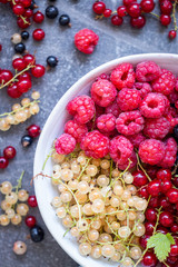 Fresh organic homegrown seasonal fruits such as raspberry, redcurrant, blackcurrant and whitecurrant