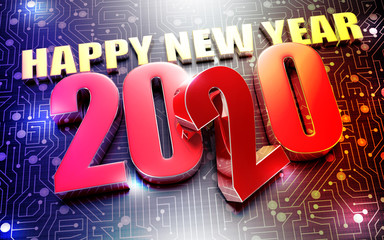 Happy New Year 2020 3D rendering placed on the black electronic circuit.;