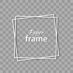 Paper cut white frame with realistic shadow. Two inclined square frames lie one on another. Vector card illustration with place for selling advertising text. 3d banner on transparent background