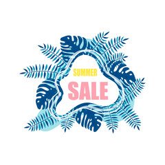 Summer sale template banner, poster with palm leaves, jungle leaf. Floral tropical summer background. Vector illustration