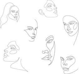 One line girl or woman portrait design set. Hairstyle, fashion concept, woman beauty minimalist, vector illustration for t-shirt, slogan design print graphics style