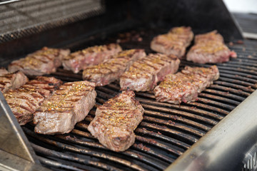 Fine filet pieces of meat seared on the grill close-up.