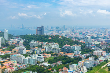 Naklejka premium Beautiful cityscape skyline of Pattaya in Thailand from the view point. Aerial view of Pattaya city.