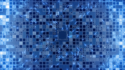 Abstract Motherboard circuit with CPU, microchips, electric wave and signals 3d render