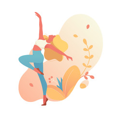 Slim sportive young woman doing sports, fitness, yoga exercises. Flat vector sport illustration modern design isolated on gradient and plants background.-vector