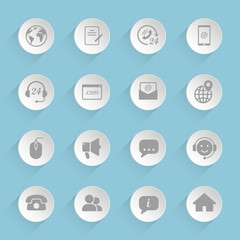 contact us gray vector icons on round puffy paper circles with transparent shadows on blue background for web, mobile and user interface design