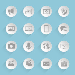 social mass media gray vector icons on round puffy paper circles with transparent shadows on blue background for web, mobile and user interface design