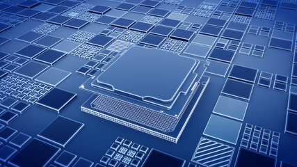 Installing CPU on Motherboard circuit with microchips, electric wave and signals 3d render