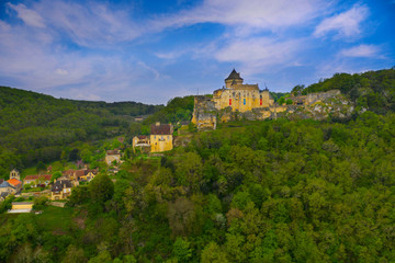Fototapeta na wymiar Aerial panorama of a medieval chateau in Castelnaud - La Chapelle. The village and castle are located above the confluence of the two rivers. Dordogne department in Nouvelle-Aquitaine in southwestern 