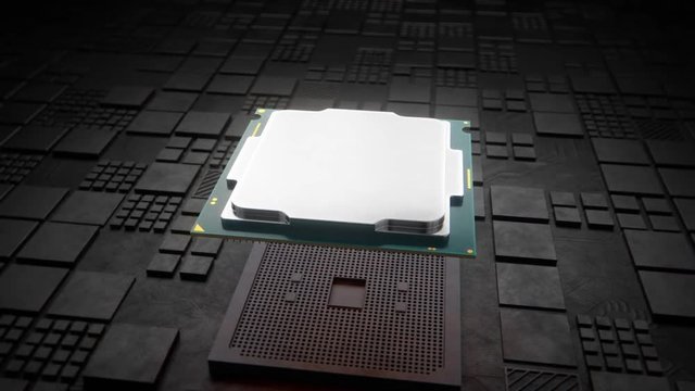 Installing CPU on Motherboard circuit with microchips, electric wave and signals 3d render
